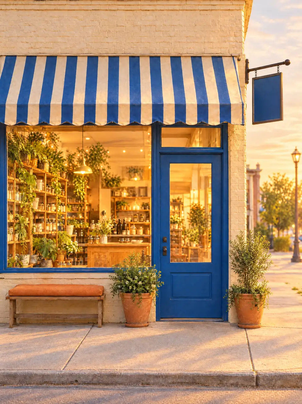 A neighborhood shop opening at sunrise, its window glowing warm